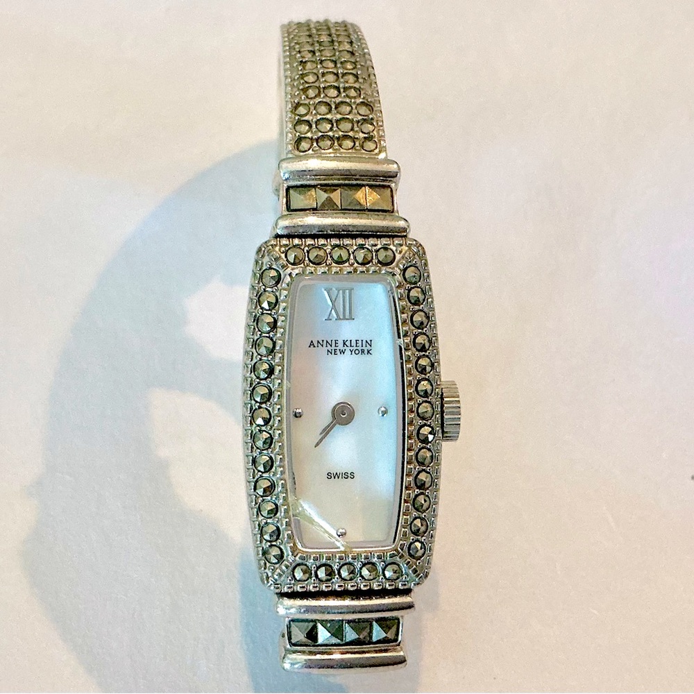 Vintage Anne Klein Marcasite Bracelet Watch Mother of Pearl